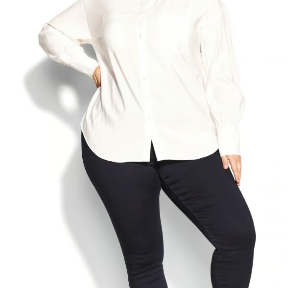 City Chic Shirt Sleek Pocket Ivory Button Up Blouse Long Sleeve Size L 20